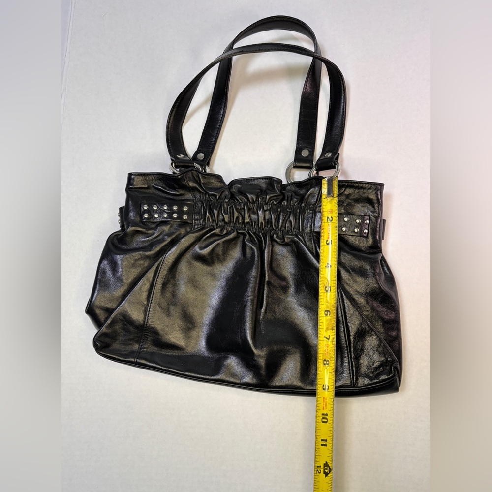 SOLD Alfani Black Leather Shoulder Bag Silver Rings Studded Grommet Hardware Y2K - Picture 7 of 7